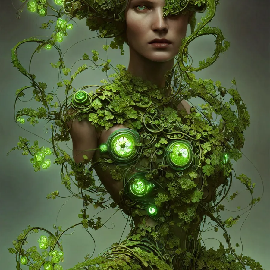 Image similar to organic cyborg, green vines sculpture with small flowers, diffuse lighting, fantasy, intricate, elegant, highly detailed, lifelike, photorealistic, digital painting, artstation, illustration, concept art, smooth, sharp focus, art by john collier and albert aublet and krenz cushart and artem demura and alphonse mucha