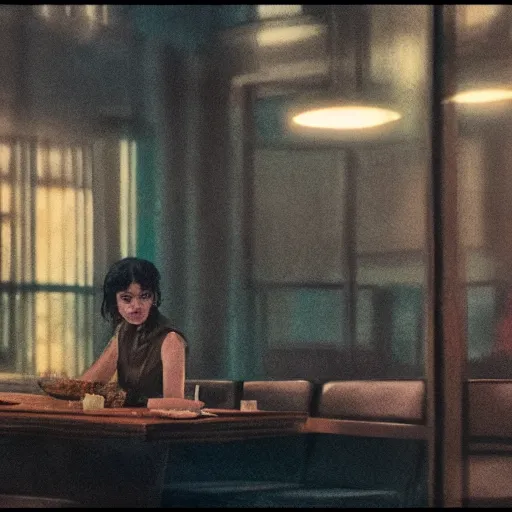 Prompt: silhouette of Elle Fanning in an empty diner, stormy weather, extremely detailed masterpiece, oil on canvas, low-key neon lighting, artstation, Blade Runner 2049, Roger Deakin’s cinematography, by J. C. Leyendecker and Peter Paul Rubens,