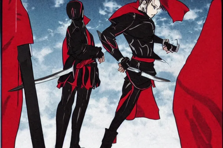 Image similar to a twin blade muscular swordsman, red and black cape and hoodie, scary, intimidating, worn out clothes, torn clothes, as a manga by Hirohiko Araki