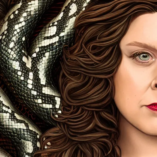 Image similar to rachel bloom as medusa with snakes for hair, real life, highly detailed, hyper realistic, 8 k resolution