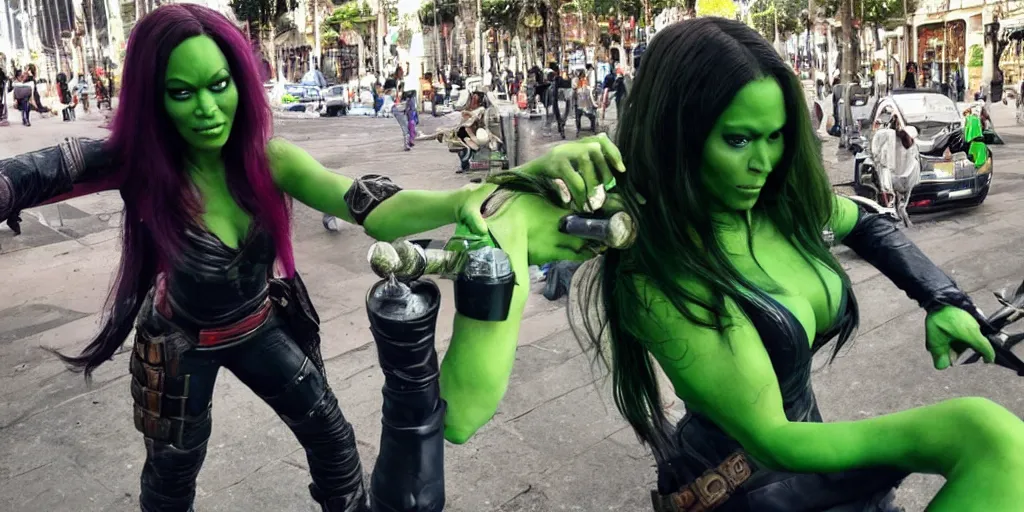 Image similar to beautiful photograph of Gamora taking mate with Scorpion in Buenos Aires. Medium shot.