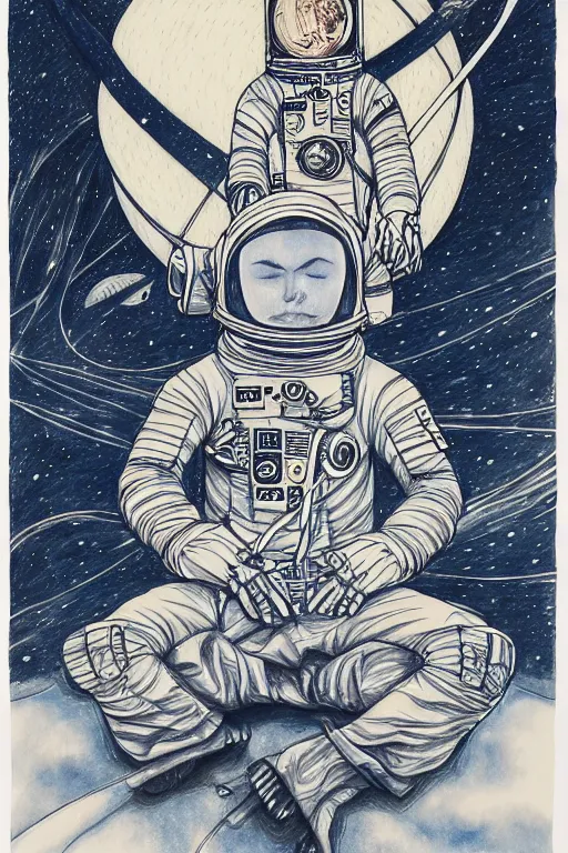 Image similar to 'meditating astronaut by Aaron Horkey, photorealism, line-drawing, water color on white paper'