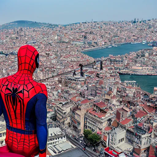 Image similar to Spider-man on top of the Galata Tower in Istanbul, photorealistic, 4K, 200mm lens