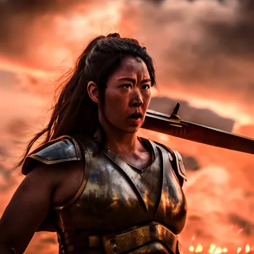 Prompt: a photograph of the goddess of war in the battlefield, action movie, movie still, cinematic, filmic, dramatic, dramatic lighting