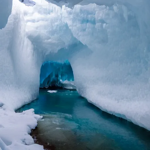 Prompt: massive ice cave with low ceiling and narrow rough river running through it, surreal,