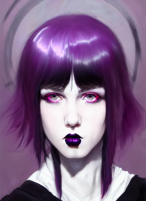 Image similar to portrait of white teenage girl, normal face, white bangs, mall goth, cyberlox, black and white hair, bangs, fluffy bangs, red contact lenses, purple lipstick, intricate, elegant, highly detailed, digital painting, artstation, concept art, sharp focus, smooth, illustration, art by wlop, mars ravelo and greg rutkowski