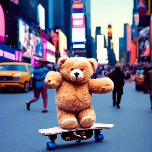 Prompt: photo teddy bear riding skateboard in times square, cinestill, 800t, 35mm, full-HD