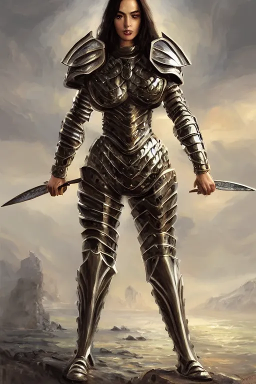 Prompt: a photo-realistically painted portrait of an attractive young woman, partially clothed in metal-plated battle armor, abstract background, flawless olive skin, fair complexion, long dark hair, beautiful bone structure, perfectly symmetric facial features, perfect photorealistic eyes, natural physique, intricate, elegant, digital painting, concept art, finely detailed, beautifully illustrated, sharp focus, minimal artifacts, volumetric lighting, from Metal Gear, by Ruan Jia and Mandy Jurgens and Artgerm and William-Adolphe Bouguerea, in the style of Greg Rutkowski, trending on Artstation, award winning art