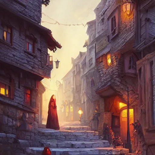Prompt: a busy street within a fascinating old fantasy city, geometrically accurate, quirky shops, narrow streets, old buildings, old stone steps, street life, by Sylvain Sarrailh, cinematic, stunning composition, beautiful digital painting, oil painting, dungeons and dragons, lord of the rings