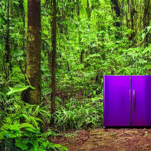 Image similar to purple refrigerator in a jungle, 4k photograph