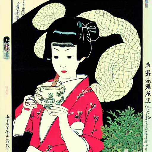 Image similar to Beautiful Japanese woman drinking tea with a snake by Toshio Saeki ultra high detailed