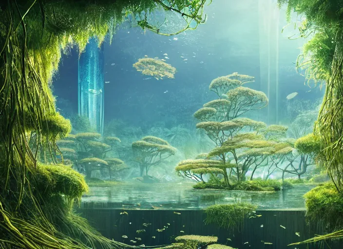 Image similar to overgrown foliage overtaking a maze of tall japanese architecture, underwater environment, borealis, scenery, professional, award - winning, trending on artstation, hyper detailed, realistic, beautiful, emotional, shiny, golden, picture