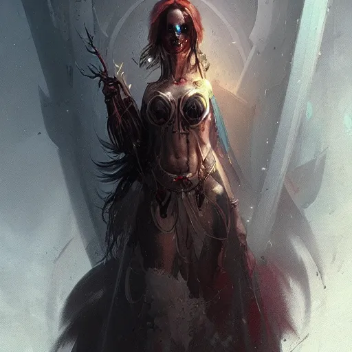 Image similar to a beautiful portrait of death goddess by Greg Rutkowski and Raymond Swanland, ominous background, Trending on Artstation