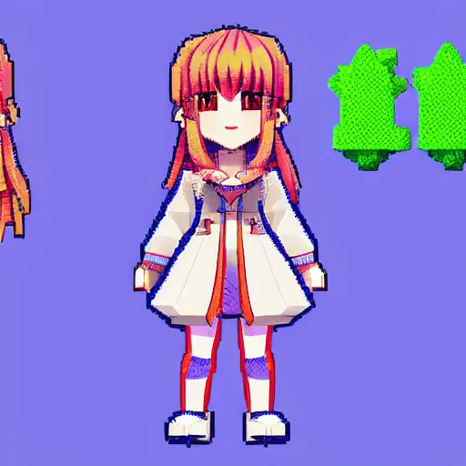Prompt: ultra low poly modelling, in pixel art graphics, isometric view, 1 6 bit colors, from touhou, made in rpg maker, right side of chibi girl, brown jacket with long sleeves, pigtails hair, volumetric lighting, fantasy, intricate, hyper realistic, by blizzard, warcraft 3, backlit