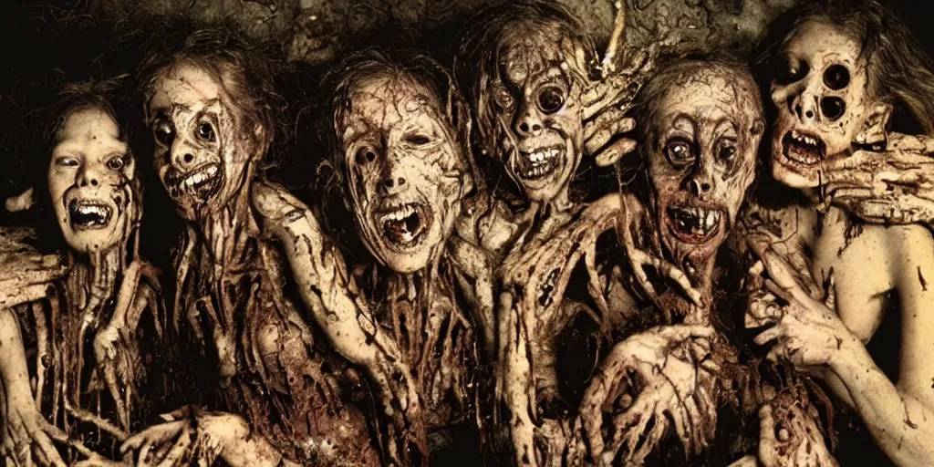 Prompt: studio portrait of a happy creepy mud family by bob bottin and cronenberg, horror grotesque, realistic detailed photography, filth and grim, colorized 1 9 9 0's