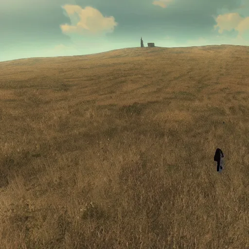 Prompt: steppe landscape with stairs leading to sky in game Pathologic 2