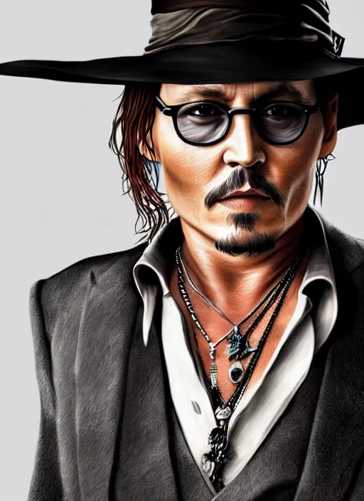 Image similar to portait of Johnny Depp, sharp focus, illustation, stunning lighting, realistic character concept, light atmosphere, golden ration, cinematic lighting, high resolution, insanely detailed and intricate, art by (Hayao Miyazaki and Matt Groening), 8k