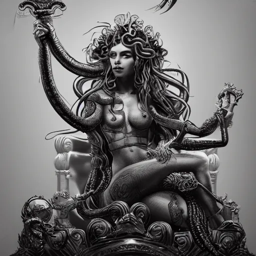 Image similar to intricate detailed artwork of medusa sat on a throne. concept art, artstation, deviantart, cgsociety. 4 k