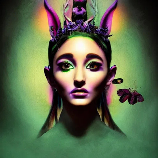 Image similar to Portrait of salvia trip faerie goddess Ariana Grande. Claymation. intricate abstract. intricate artwork. nightmare fuel. by Dave McKean. octane render, trending on artstation, greg rutkowski very coherent symmetrical artwork. cinematic, hyper realism, high detail, octane render, 8k, iridescent accents