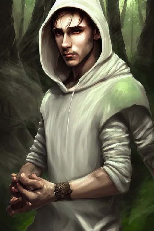 Image similar to beautiful, digital art, portrait painting of a male elf wizard, wearing linen hooded cloth. forest background. artstation, by jisu choe