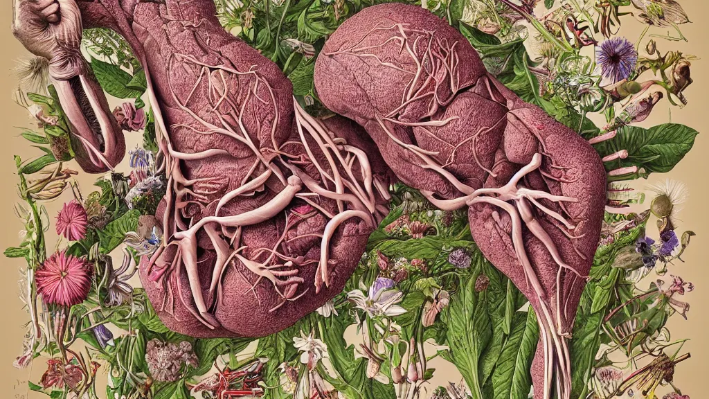 Prompt: highly detailed illustration of a human anatomy body exploded by all the known species of flowers by oliver vernon, by juan gatti