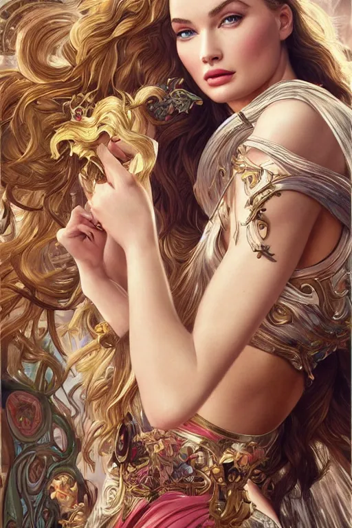 Image similar to ultra realistic illustration, a stunningly beautiful greek goddess of chaos played by dove cameron and margot robbie and taylor swift and megan fox, intricate, elegant, highly detailed, digital painting, artstation, concept art, smooth, sharp focus, illustration, art by artgerm and greg rutkowski and alphonse mucha