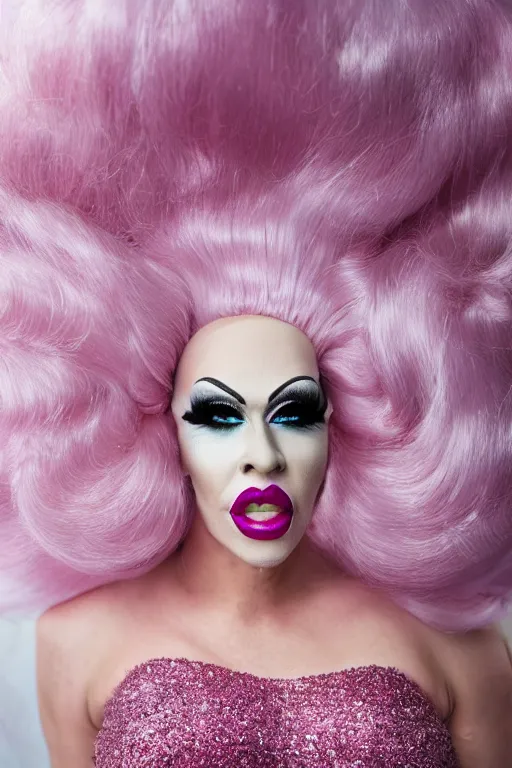 Image similar to 4k detailed portrait of a drag queen (man in drag) wearing: heavy drag makeup, pink glitter mermaid gown, white satin gloves, huge pink wig with bouffant hairdo and decorated with a hairbow, pink 7 inch high heels