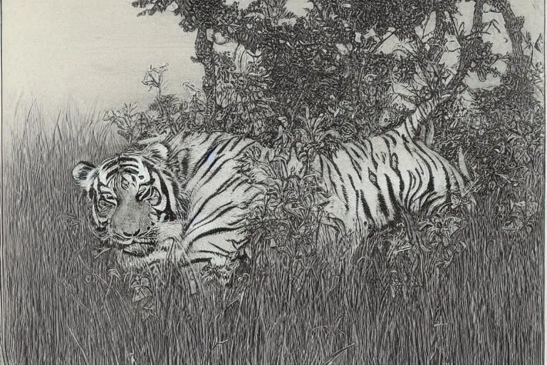 Image similar to portrait of tiger hiding in the flowers, Gustave Dore lithography