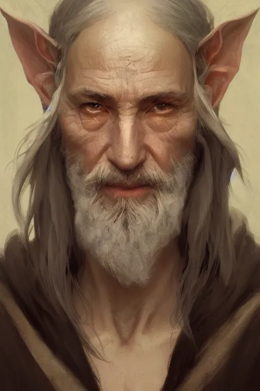 Image similar to a highly detailed portrait painting of an elderly healer elf male, long white beard, long elf ears, asian decent, by greg rutkowski and alphonse mucha, sharp focus, matte, concept art, artstation, digital painting