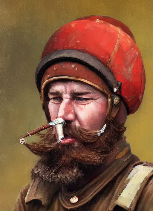 Prompt: A portrait of a single Soviet tankman with a short beard wearing Sámi clothing, smoking a pipe, trending on ArtStation, 4k, oil painting