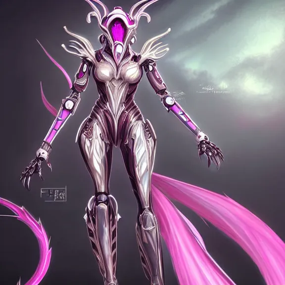 Image similar to highly detailed exquisite fanart, of a beautiful female warframe, but as an anthropomorphic robot dragon, shiny silver armor engraved, Fuchsia skin beneath the armor, elegant pose, close-up shot, full body shot, epic cinematic shot, long elegant tail behind, sharp claws for hands, professional digital art, high end digital art, singular, realistic, DeviantArt, artstation, Furaffinity, 8k HD render