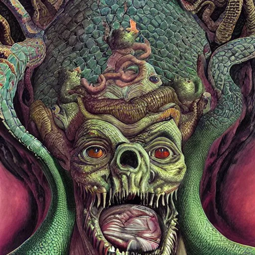 Image similar to hyper - detailed high painting of giant heads joined by snakes, the heads are open they have spiked scales and sharp teeth, the mouth is open and monstrous beings of all kinds run and scream, horror surreal art cosmic horror weird bizarre art