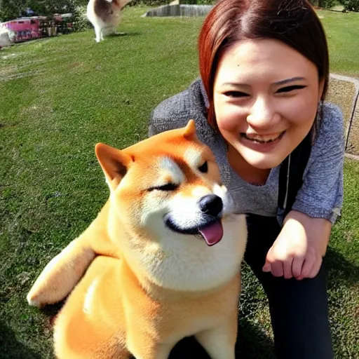 Image similar to a photo selfie of shiba inu and duck, best friends