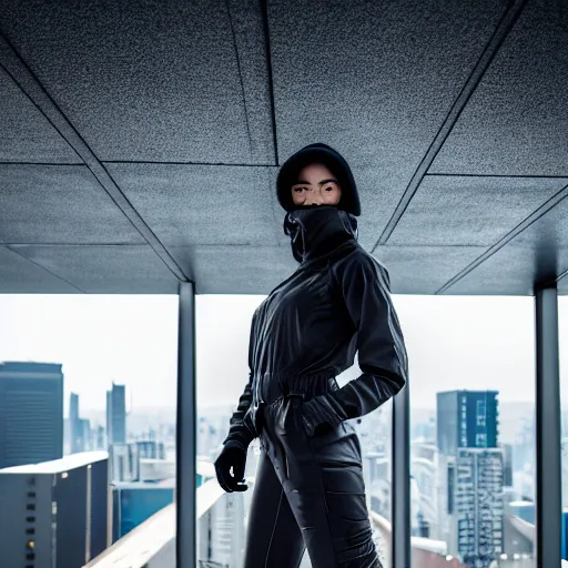 Image similar to photograph of a techwear woman, closeup, on the rooftop of a futuristic city, sigma 85mm f/1.4, 4k, depth of field, high resolution, 4k, 8k, hd, full color