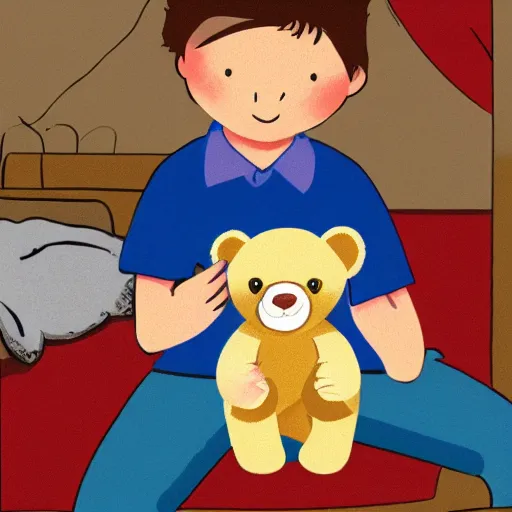 Prompt: little kid in his room holding teddy bear in style of kids book illustration