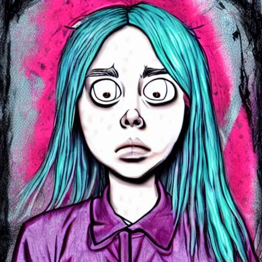 Prompt: grunge drawing of billie eilish by - rick and morty , loony toons style, horror themed, detailed, elegant, intricate