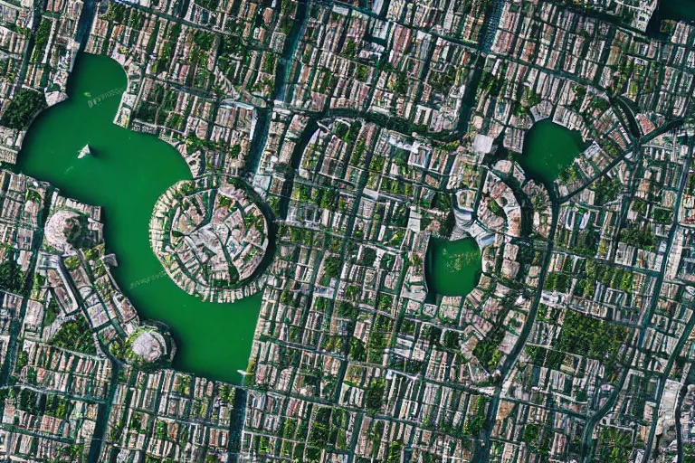 Prompt: satellite photography of a city with a square green park in the middle.