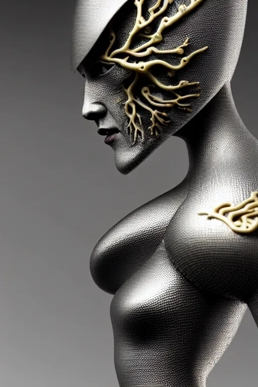 Image similar to monochrome close - up profile face, black background, beautiful young porcelain bio - mechanical vegetal - dragon - cyborg - female, white metallic armour, silver gold details, magnolia leaves and stems, roots, mandelbot fractal, 1 5 0 mm, beautiful natural soft rim light, elegant, hyper real, ultra detailed, octane render, 1 6 k