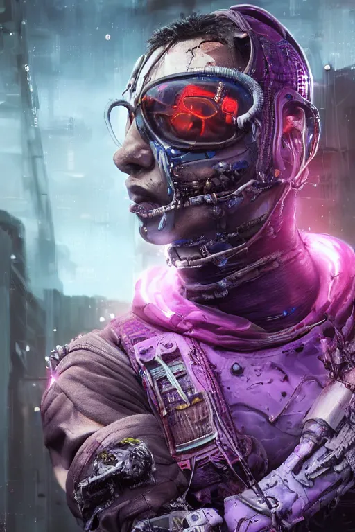 Prompt: A highly detailed rendered, close portrait of a damaged cyberpunk mutant ringer, being patched up in a run down, with purple spandex high tech suit, with fighting equipement attached to the body, rugged face, muscle body with battle scars, soft red neon lighting, sci-fi, fantasy, intricate, elegant, highly detailed, digital painting, artstation, concept art, smooth, sharp focus, illustration, dramatic lighting, art by jean giraud, antje feuchtenberger