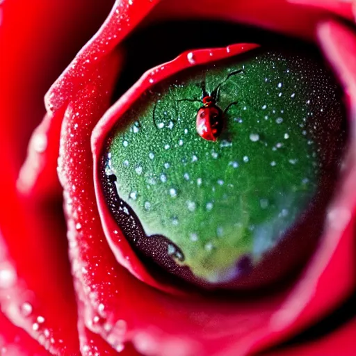 Prompt: A close up of a rose, with water droplets on it, and a ladybug crawling on it. The rose is a deep red, and the background is blurred. The photo is taken with a 50mm lens, and has a deep depth of field