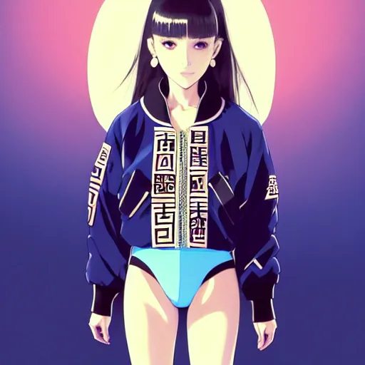 Image similar to a beautiful plus sized model japanese natalie portman, alluring, wearing oversized mayan bomber jacket and leotard with overalls, bulky poofy bomber jacket with mayan patterns, aztec street fashion, gapmoe yandere grimdark, trending on pixiv fanbox, painted by greg rutkowski makoto shinkai takashi takeuchi studio ghibli, akihiko yoshida