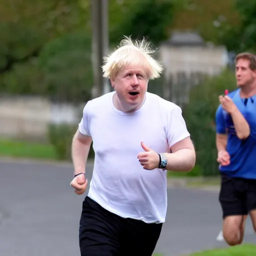 Prompt: Photo of Boris Johnson running, wearing a white t shirt and shorts