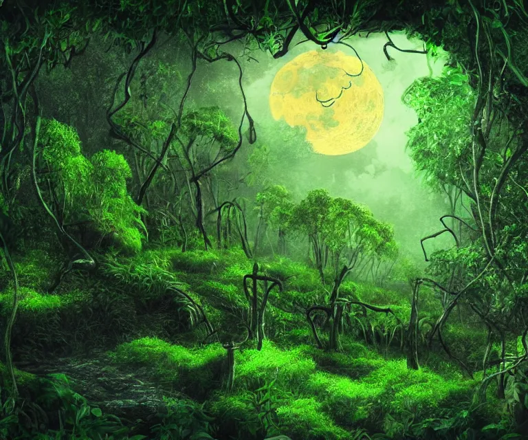Prompt: a lush dense green forest, colorful glowing vines, wildlife, moon shining, soft tones, night time, highly detailed, 50mm, high fantasy
