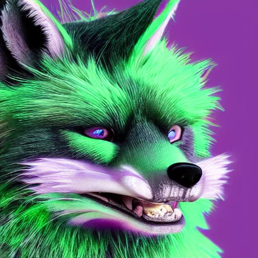 Image similar to close up of photorealistic green fox with green fur and magenta eyes, wearing a black hoodie, smoking weed