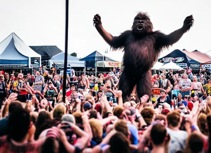 Image similar to photo still of sasquatch on stage at vans warped tour!!!!!!!! at age 4 8 years old 4 8 years of age!!!!!!! throwing rocks and berries at the crowd, 8 k, 8 5 mm f 1. 8, studio lighting, rim light, right side key light