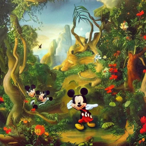 Image similar to mickey mouse entering the garden of eden, oil painting, masterpiece