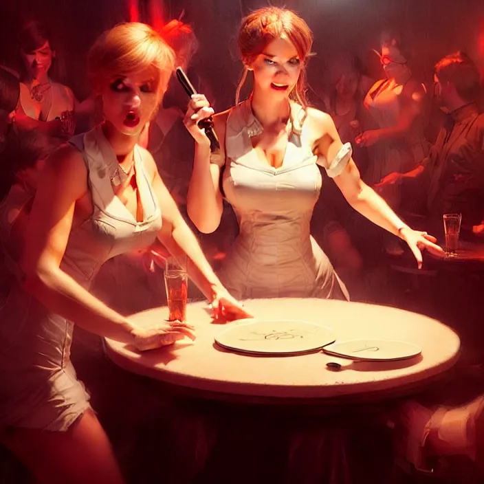 Image similar to waitress singing on a table in a nightclub, elegant, real life skin, intricate artwork, high detailed, artstation, concept art, smooth, sharp focus, art by artgerm and greg rutkowski