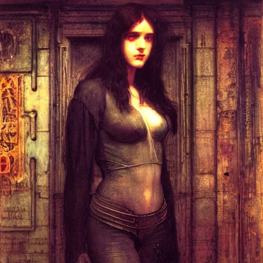 Image similar to cyberpunk noir in the style of john william waterhouse, kilian eng, rosetti, john everett millais, william holman hunt, 4 k photo autochrome