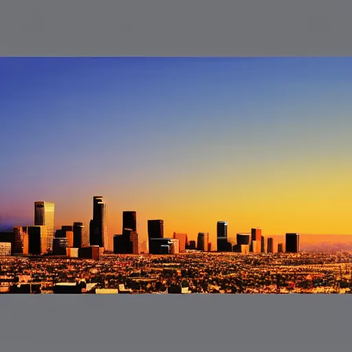 Prompt: skyline of los angeles painted by bob ross, realistic, sunset, mysterious,