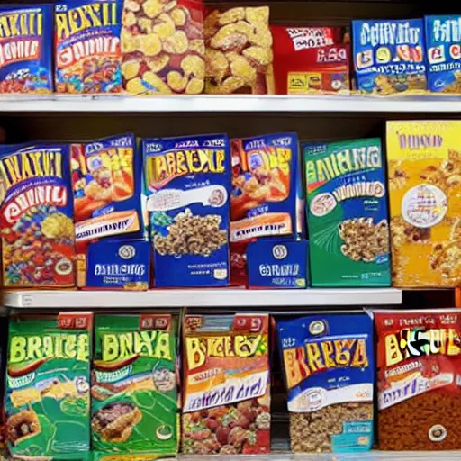 Prompt: brexit breakfast cereal stocked on grocery store shelf